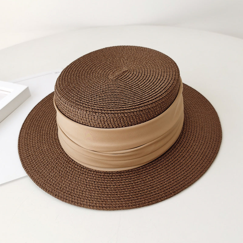 Chapeau de paille plat tressé à la française, haut de forme, bord de mer, vacances à la plage, protection solaire