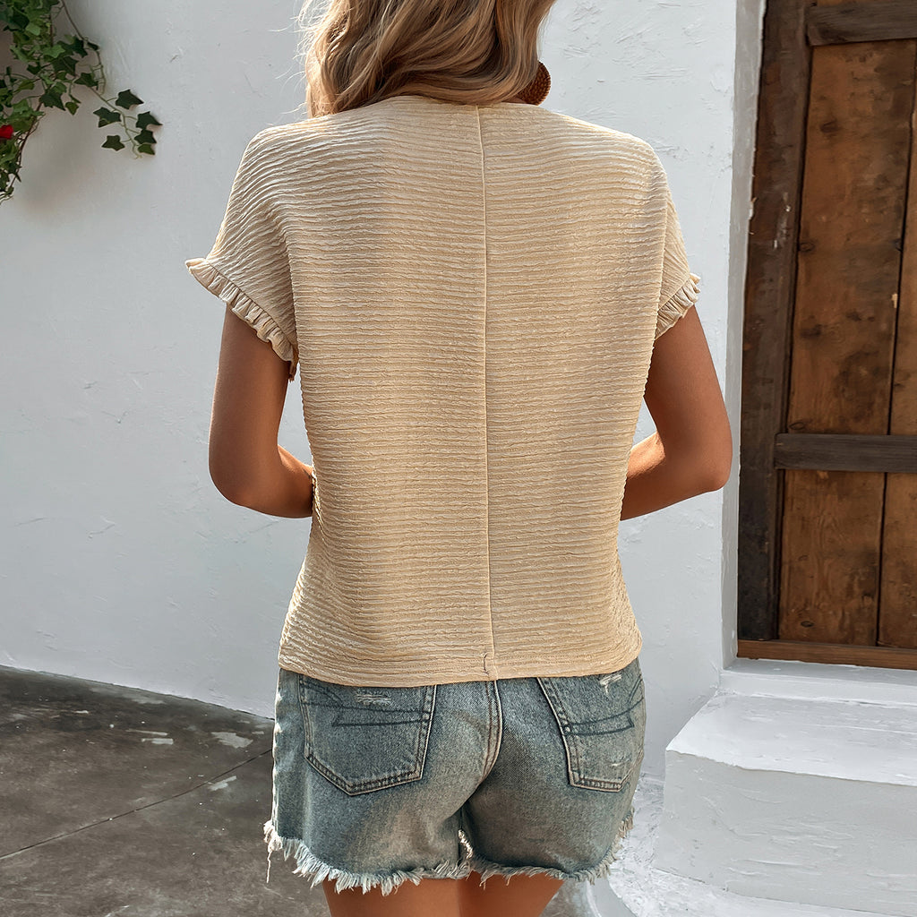 Haut décontracté pour femme en maille, col rond, manches à volants, élégant