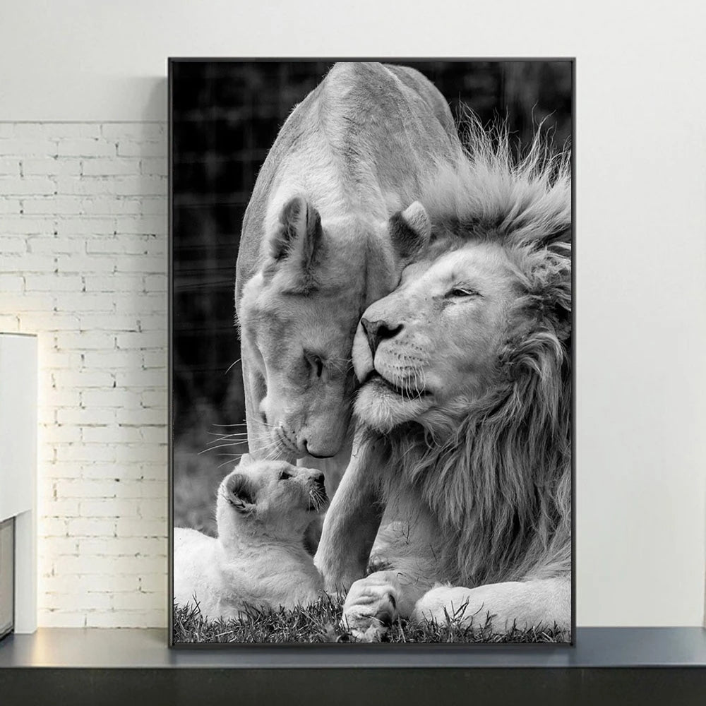 Affiche de Famille de Lions Noir et Blanc Impression sur Toile