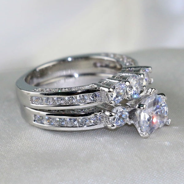 Coktail Ring S925 Silver 1ct Heart Shape AAA Zircon Three-Stone Round CZ Women's Wedding Ring  Sets GIfts Sz 6-9