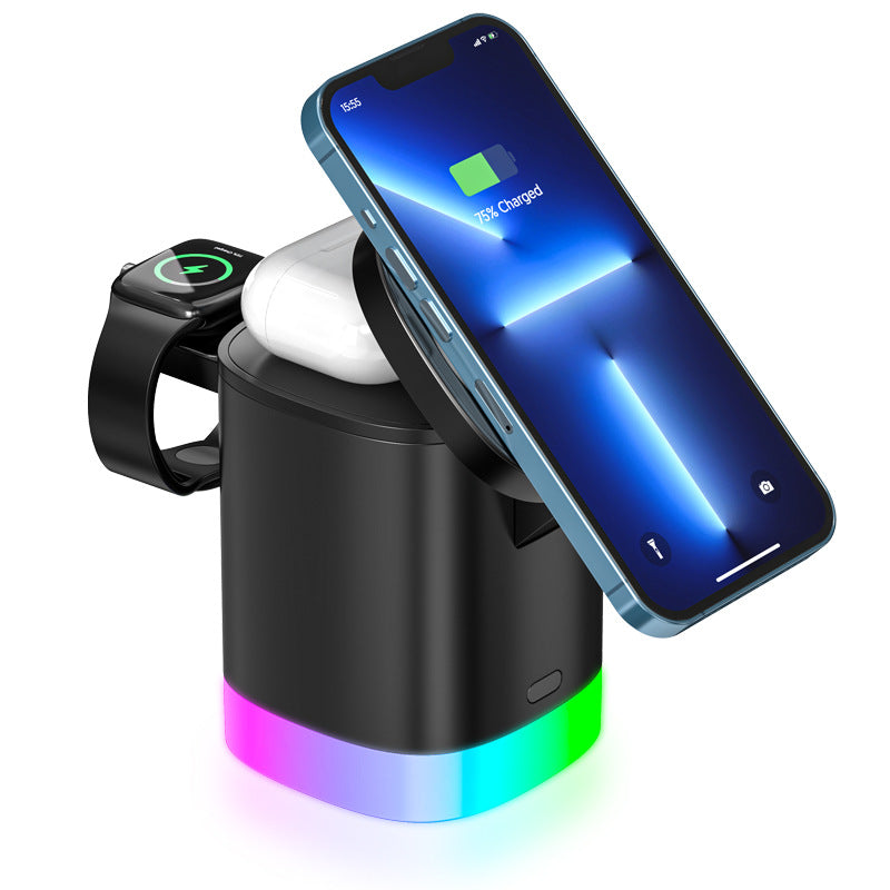 Chargeur Sans Fil Rapide 3 en 1 Magnétique avec Lumière Ambiante RGB pour Smartphone, Airpods et IWatch