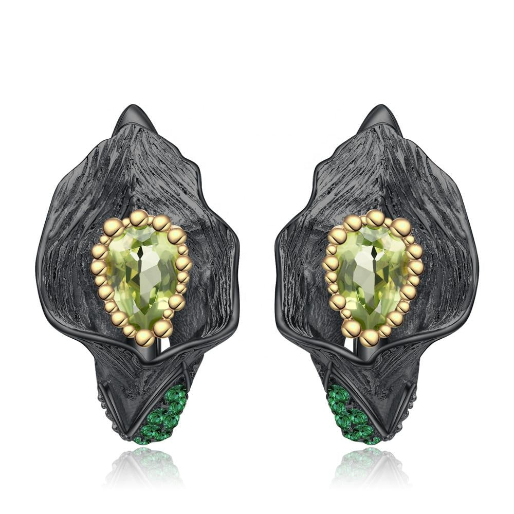 Boucles d'oreilles vintage en argent 925 péridot et motif feuille