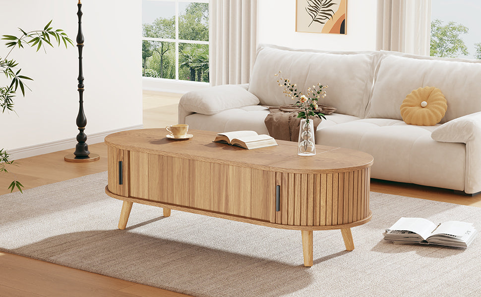 Table basse ovale relevable avec rangement dissimulé, table centrale, table d'appoint relevable pour canapé, table d'appoint gain de place pour salon, chambre, réception, table à thé, 120 x 50 x 39,5 cm, bois naturel