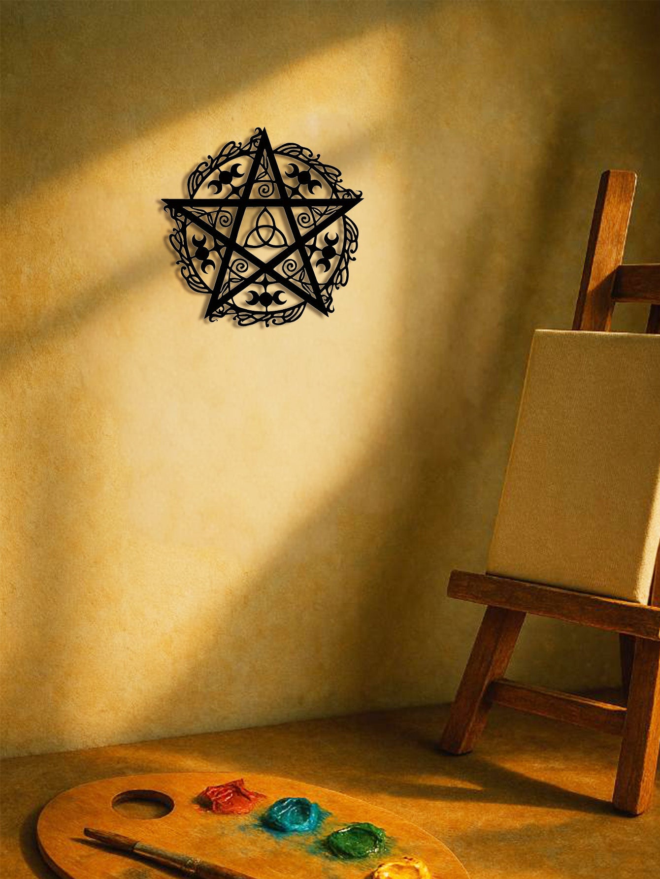 Art mural en fer Pentagramme Triple Lune Sculpture en métal unique Décor tendance étoile