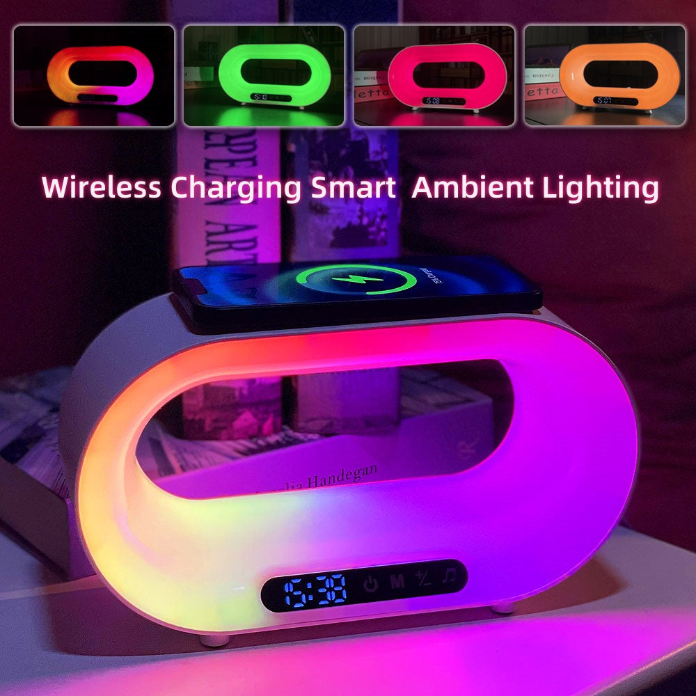 Lampe de bureau intelligente 3-en-1 avec réveil, chargeur sans fil et LED RGB