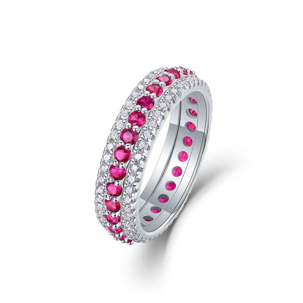 Bague en argent sterling S925 3,6 g, triple rangée pavée, rubis synthétique, bande éternelle plaquée platine, anneau de promesse pour femme