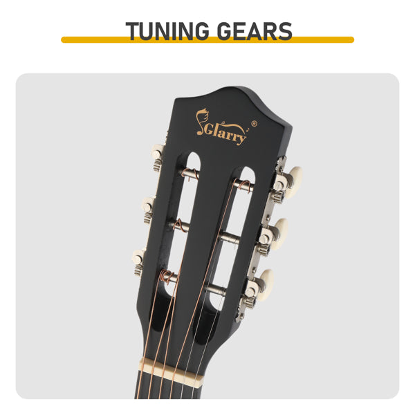 Guitare acoustique ronde noire mate de 38 pouces avec médiators, cordes, capo, étui, accordeur et sangle