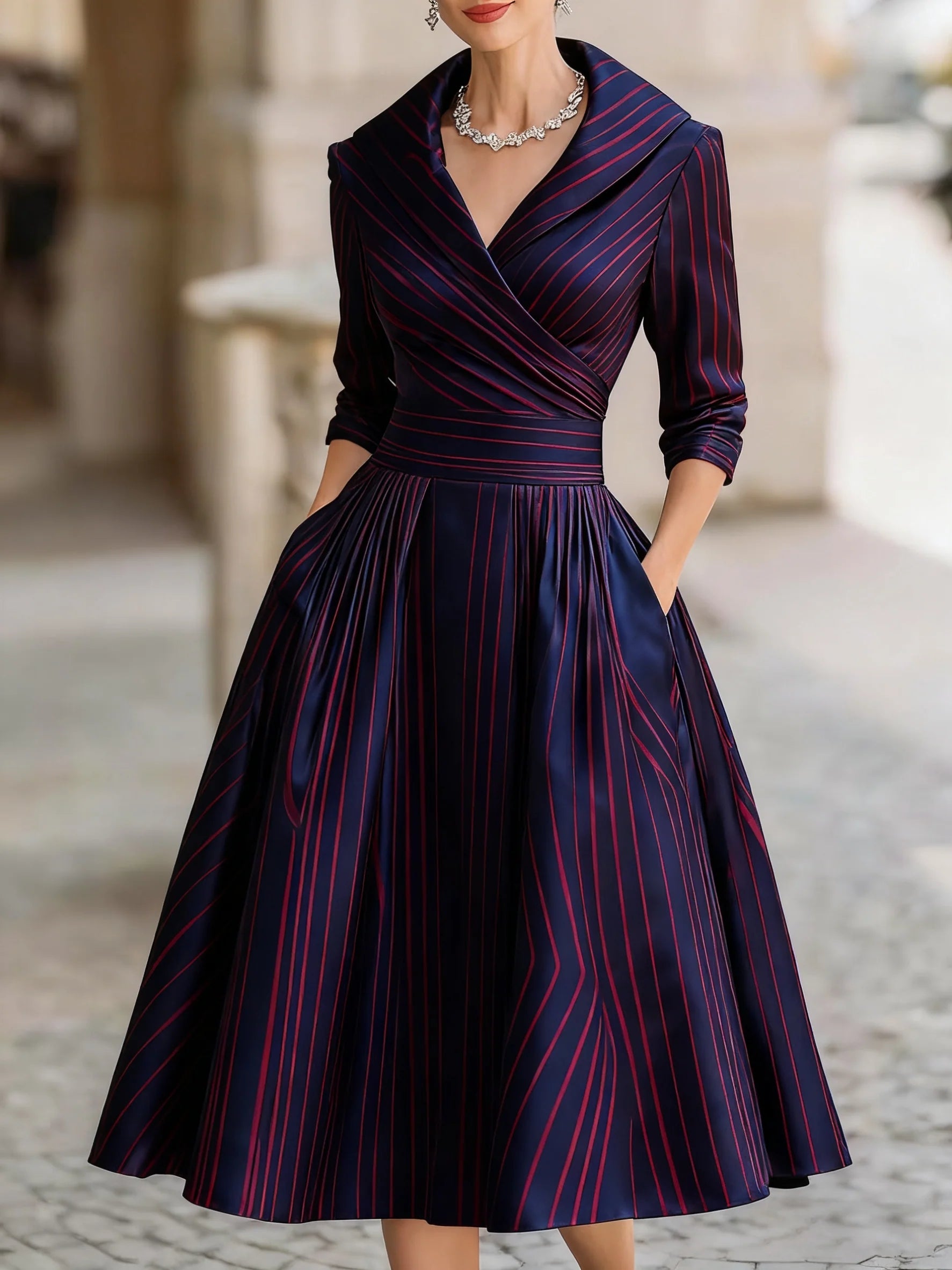 Robe élégante cintrée à taille haute, manches longues, coupe asymétrique raffinée