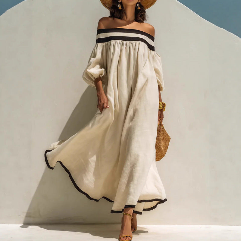 Robe maxi élégante style resort en coton-lin, épaules dénudées pour femme