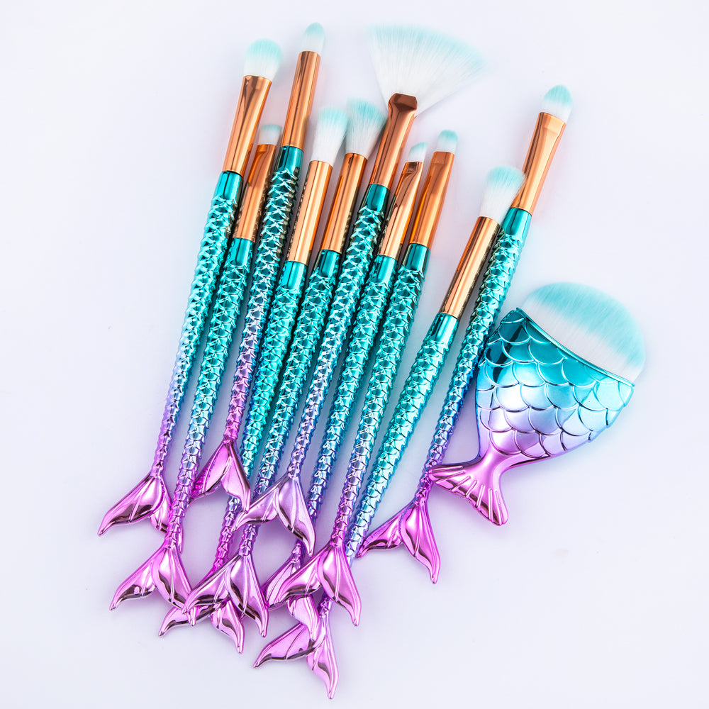 Kit de 11 pinceaux de maquillage sirène pour fond de teint, sourcils, eyeliner