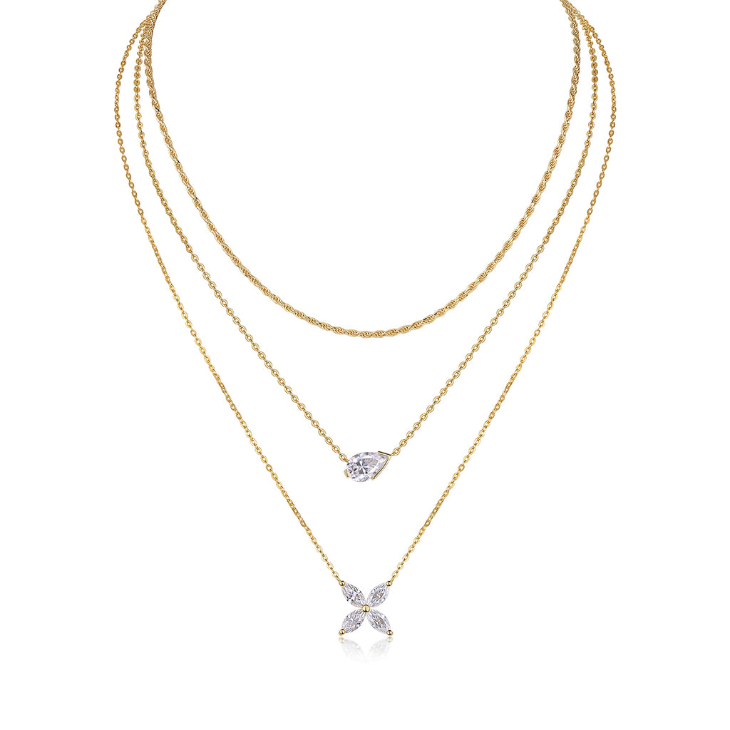 Collier trois rangs en argent S925 plaqué or, moissanite poire 7x11 mm, 40 cm, 10,8 g, certificat GRA, coffret cadeau