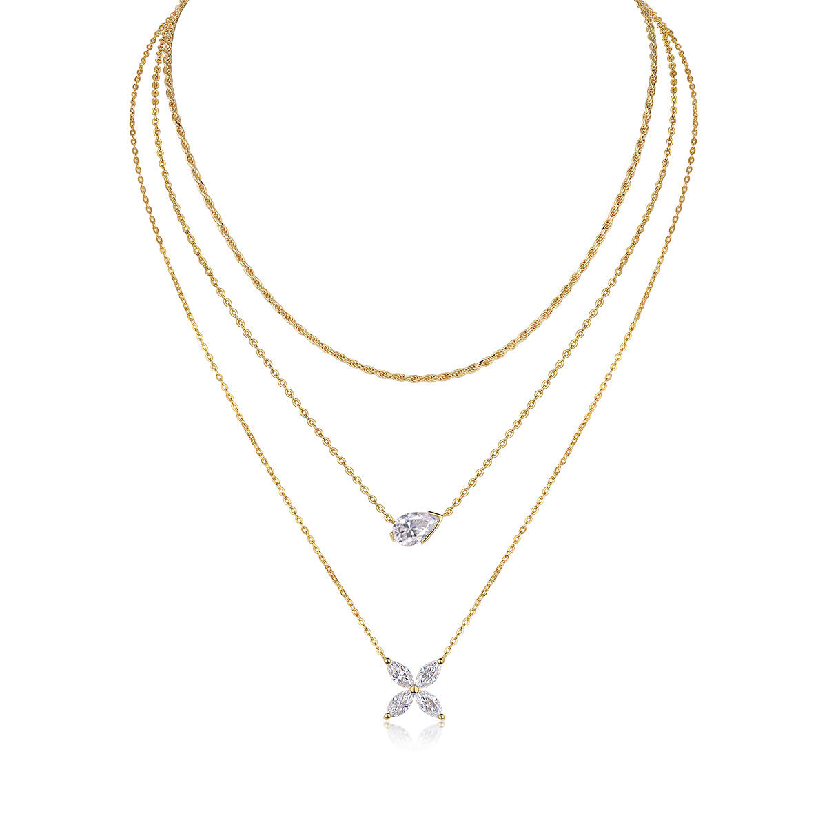Collier trois rangs en argent S925 plaqué or, moissanite poire 7x11 mm, 40 cm, 10,8 g, certificat GRA, coffret cadeau