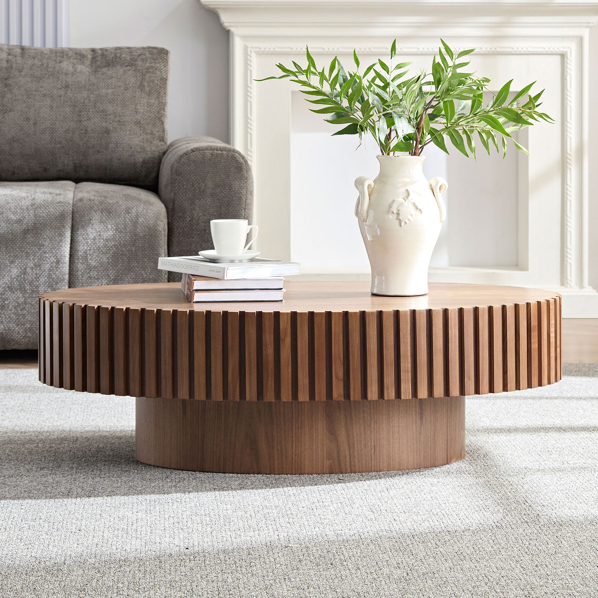 Modern Handcraft Drum Coffee Table Length 43.7 Inch Ellipse Coffee Table For Living Room,Oval Small Coffee Table With Sturdy Pedestal,Walnut MDF