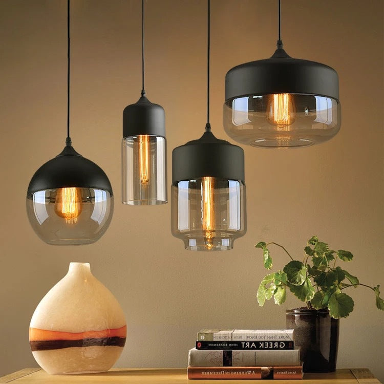 Lustre en verre industriel américain avec éclairage LED intégré, button switch