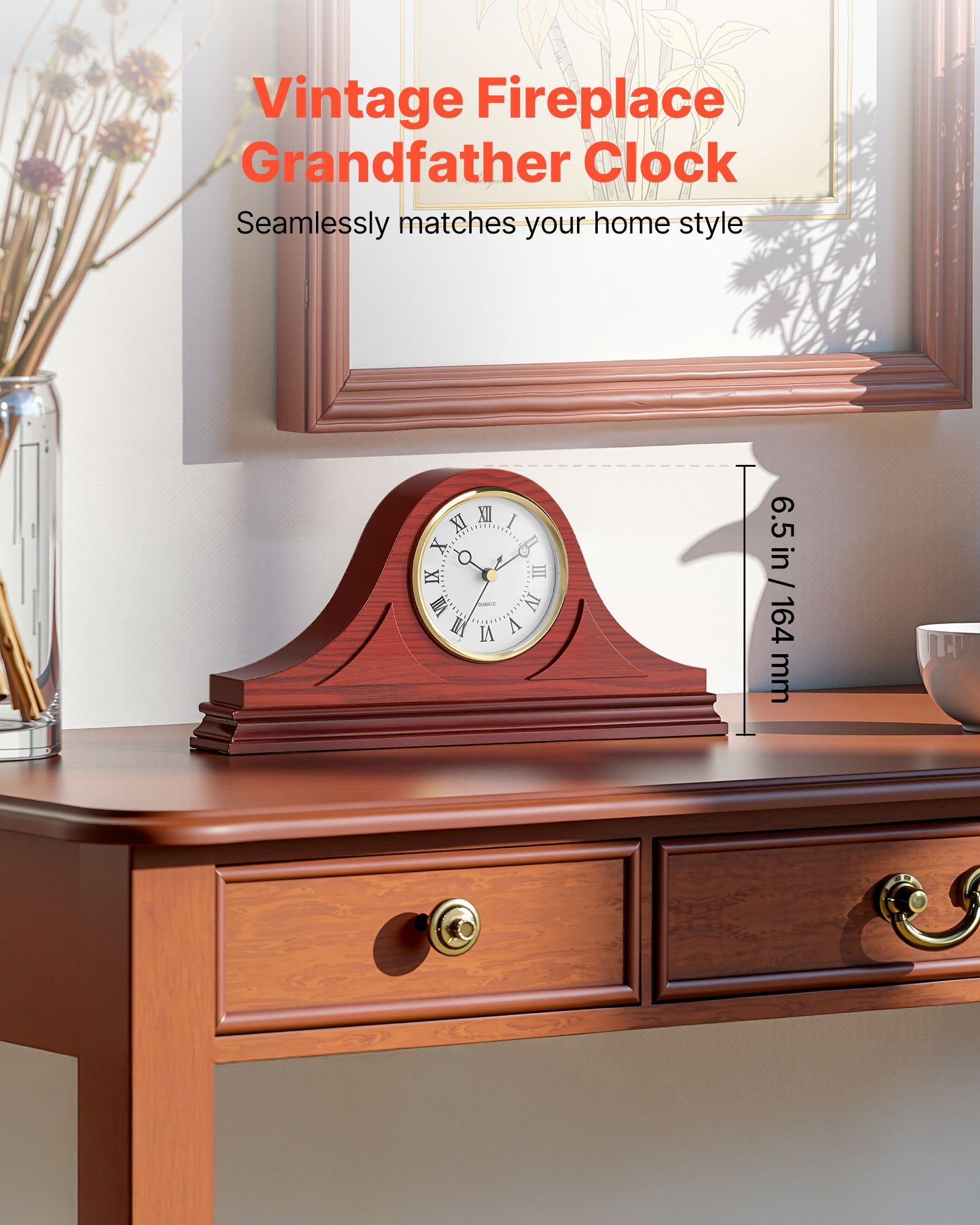 Horloge Grand-Père Classique Vintage à Quartz Silencieuse, 6,4 po, Horloge de Cheminée MDF Avec Mouvement Intégré et Design Silencieux, pour Salon, Chambre, Décoration et Cadeau (Finition Ton Cerise)
