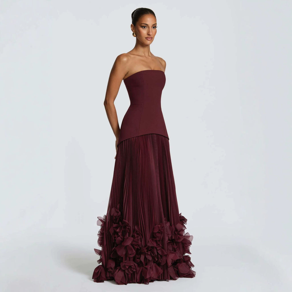 Robe longue sans bretelles à taille cintrée, style pétales tridimensionnels