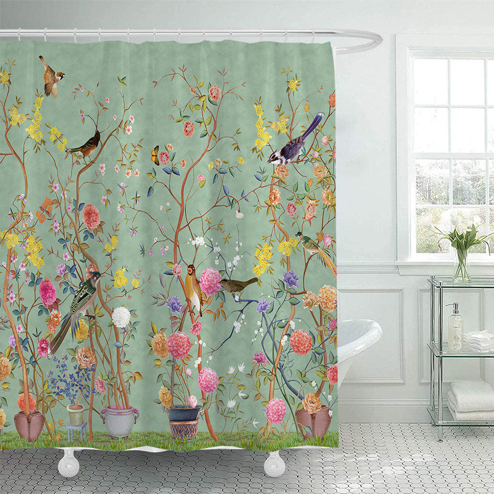 Ensemble de rideau de douche imperméable en polyester imprimé fleurs et oiseaux verts