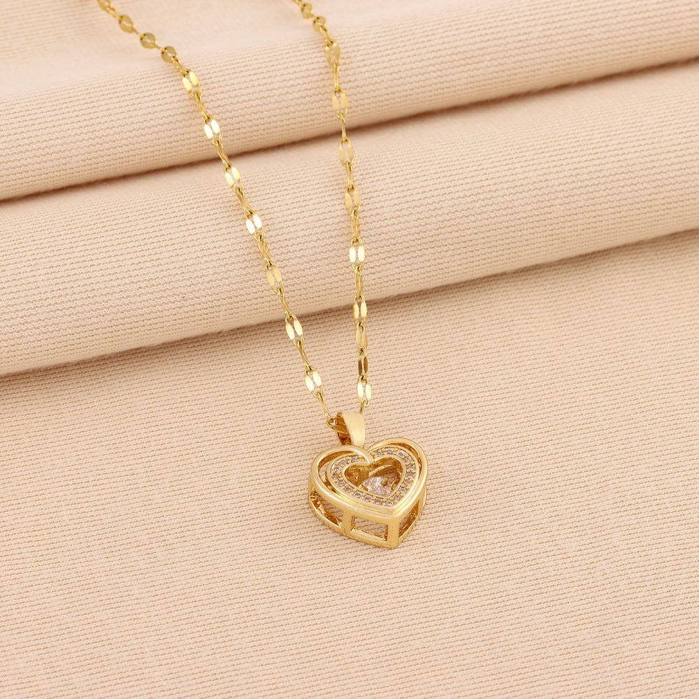 Collier d'Amour Double-Couche avec Pendentif en Acier Titane et Strass Éclatants