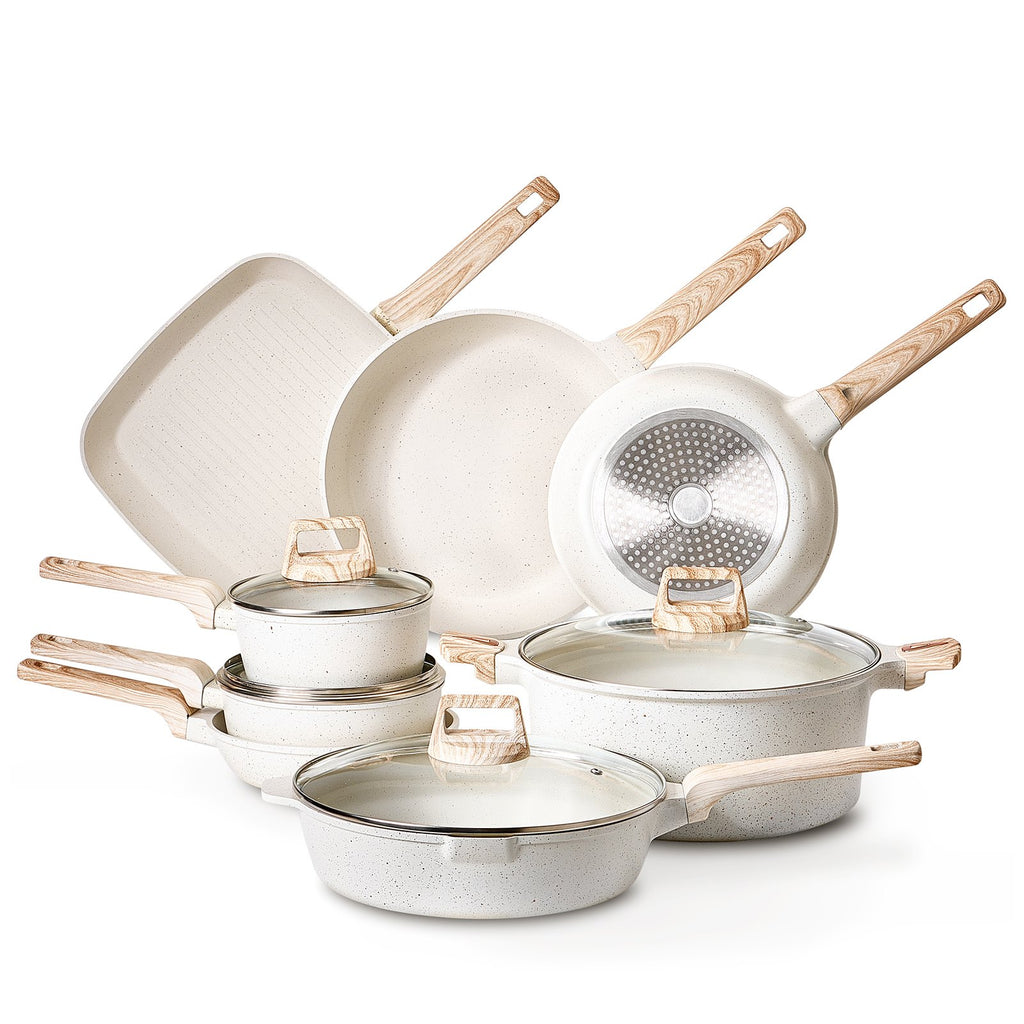 Ensemble de casseroles et poêles antiadhésives 19 pièces, batterie de cuisine granit, compatibles induction, kits de cuisson pour RV, avec poêles à frire, casseroles, sauteuse, couvercles en verre trempé et protections de poêle, blanc