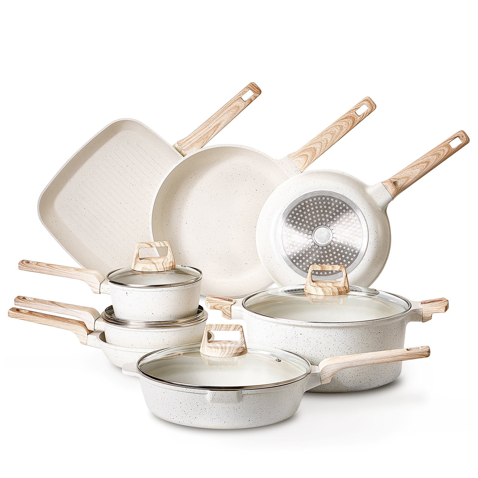 Ensemble de casseroles et poêles antiadhésives 19 pièces, batterie de cuisine granit, compatibles induction, kits de cuisson pour RV, avec poêles à frire, casseroles, sauteuse, couvercles en verre trempé et protections de poêle, blanc