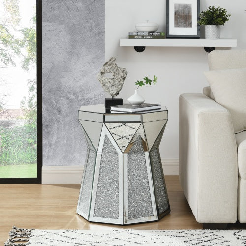 Table basse style tambour avec incrustation miroir cristal, table décorative polygonale argent, design moderne meubles luxueux contemporains, 20 pouces (environ 50 cm), table basse basse adaptée au salon