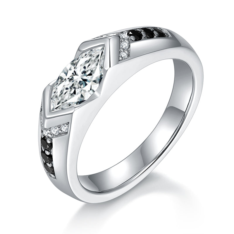 Bague Homme 1CT S925 Argent Sterling Marquise Moissanite, Argent Platine, Accents Pierres Noires