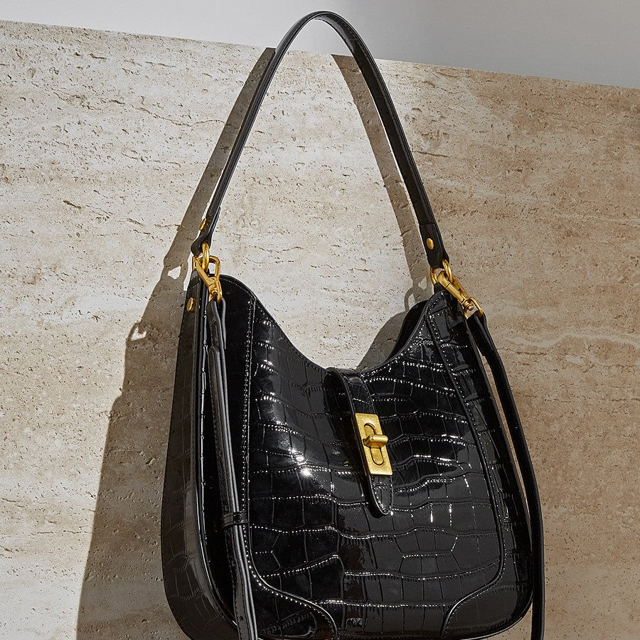 Grand sac à bandoulière et porté croisé femme, cuir verni vachette effet crocodile, grande capacité