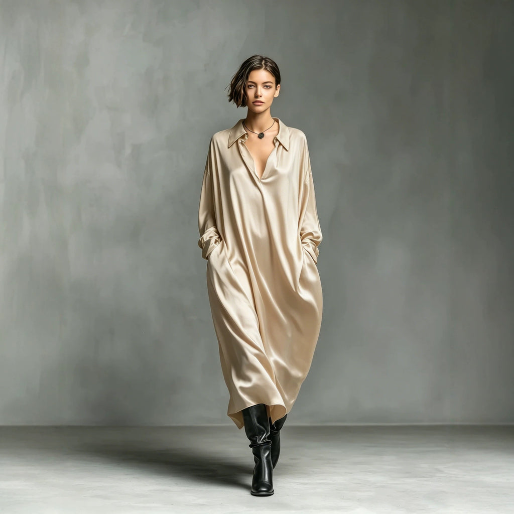 Robe-chemise Satin unie manches longues, coupe ample, tailles S à XXL
