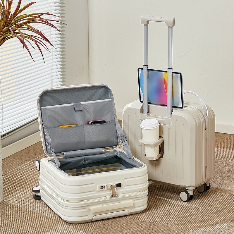 Compartiment à bagages à ouverture frontale avec plateau avant, cabine 20 pouces, porte-gobelet pliable extensible, support téléphone dissimulé, double chargeur USB