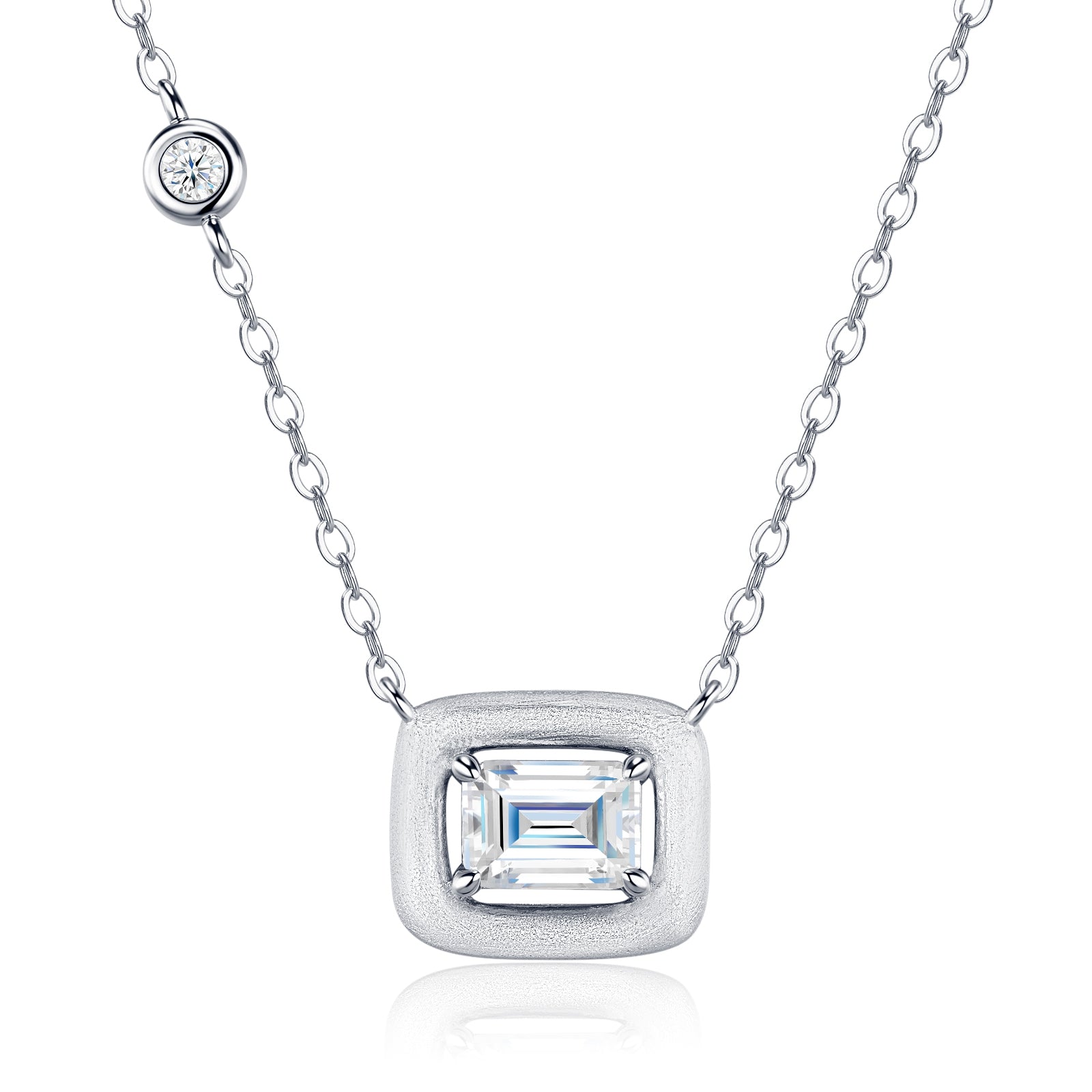 Collier Femme en Argent Sterling 925 avec Moissanite Taille Émeraude, Pendentif Carré Givré D Couleur Clarté VVS1, Plaqué Platine 2,9g, Coffret Cadeau Luxe