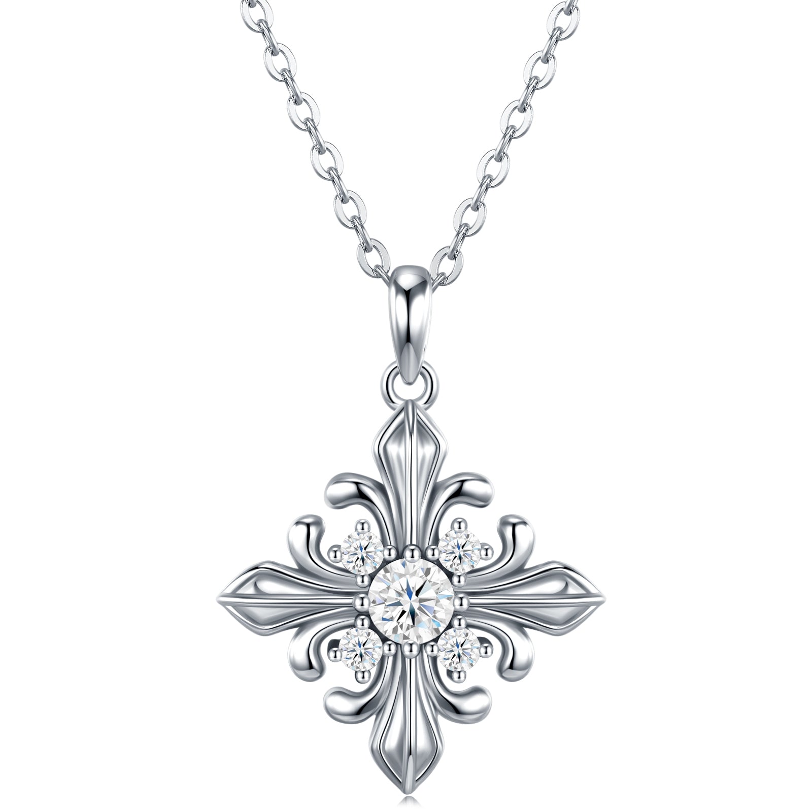 Collier Croix Fleur en Argent Sterling S925 avec Moissanite 0,3 ct D Couleur VVS1, 40 cm, Plaqué Platine, Certifié GRA avec Coffret Cadeau