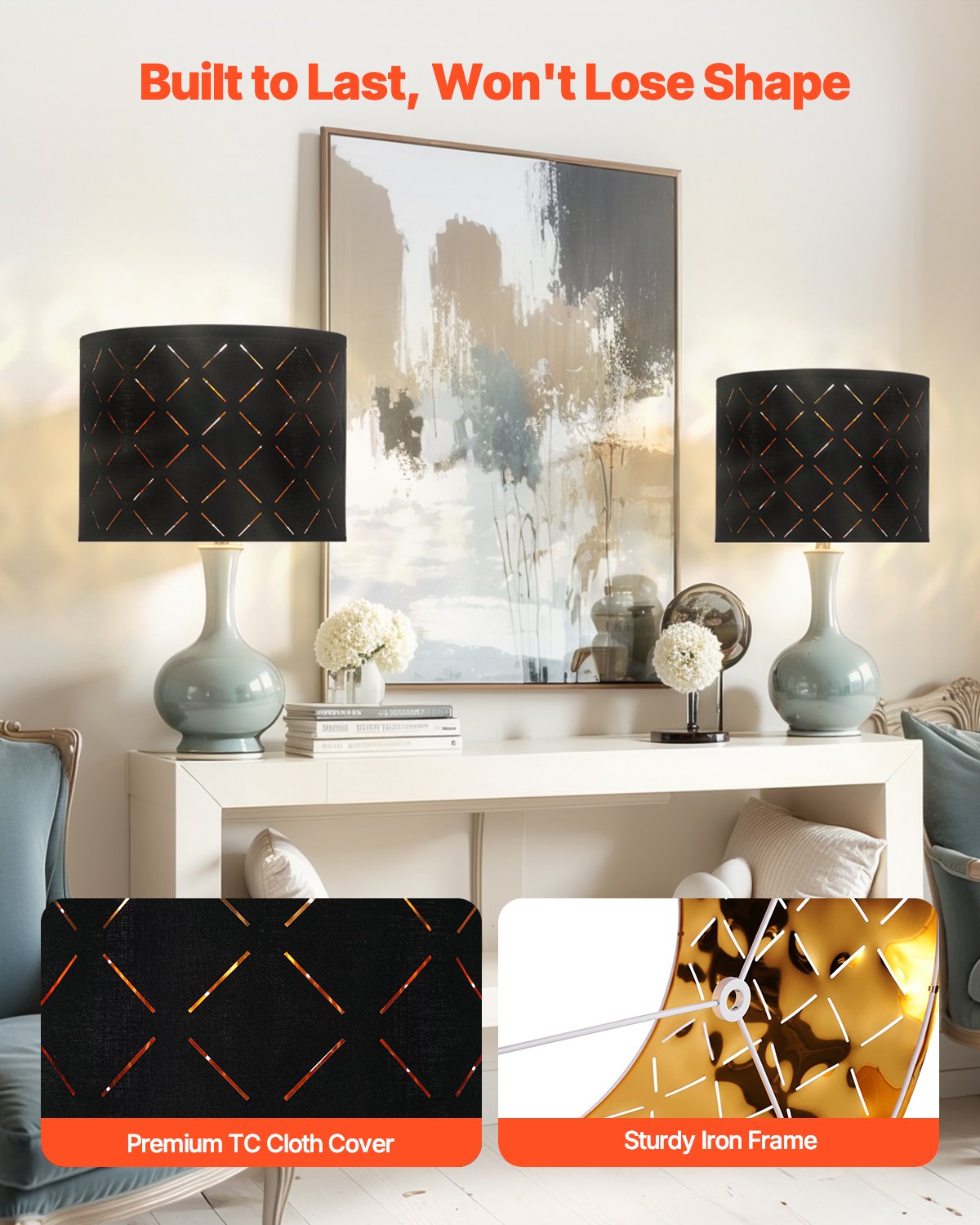 Ensemble de 2 abat-jour tambour, 13 po en haut x 13 po en bas x 10 po de hauteur, abat-jour moyen avec harpe, abat-jour de rechange pour lampes de table, lampadaires et suspensions, noir diamant creux