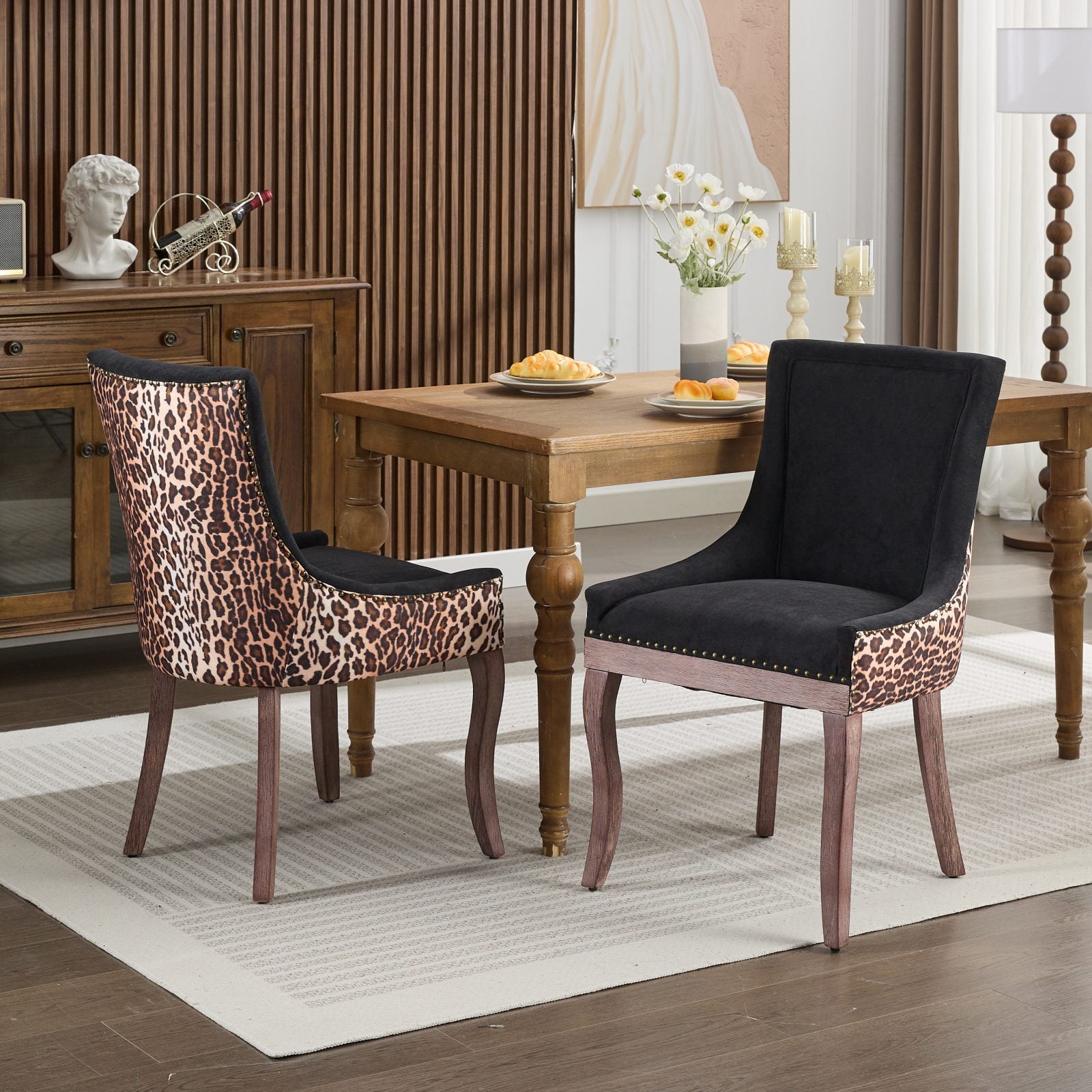 A&A Furniture,Ultra Side Dining Chair, Thickened Fabric Chairs With Neutrally Toned Solid Wood Legs, Bronze Nail Head, Set Of 2,Leopard Print