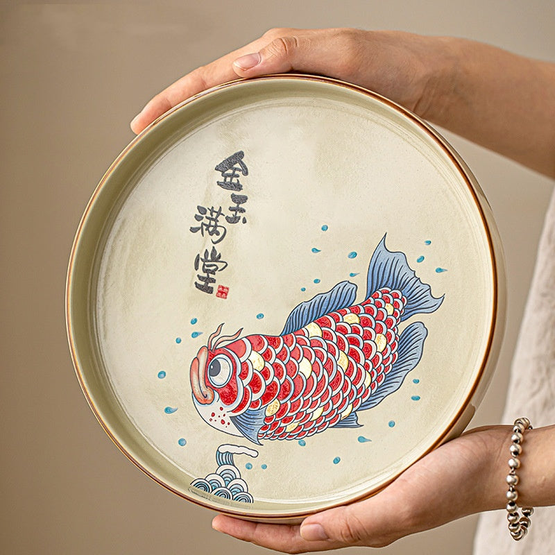 Plateau à thé rond en porcelaine Arowana en bambou gris herbe