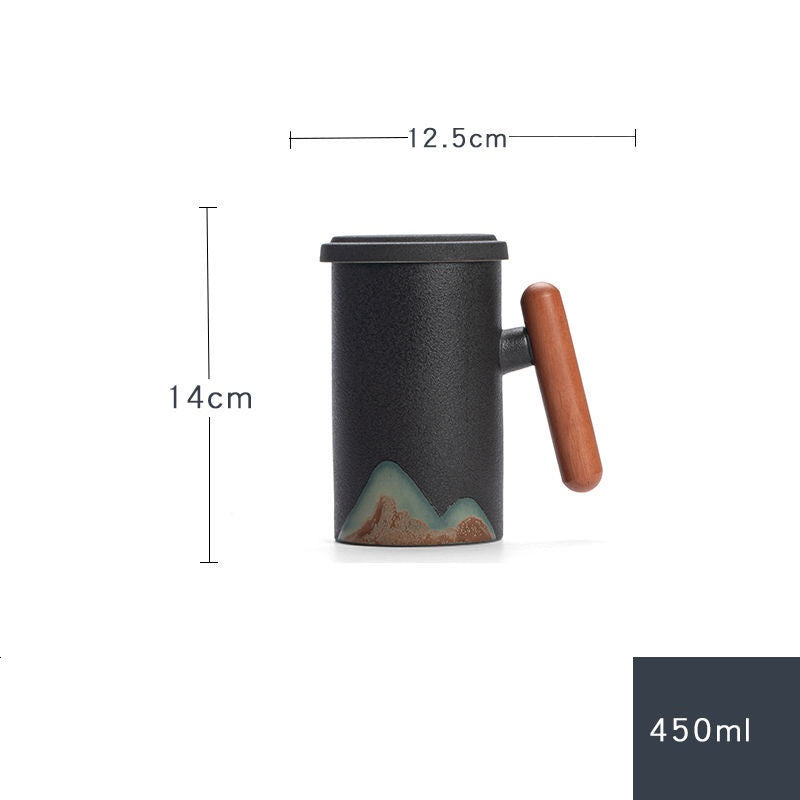 Tasse peinte à la main Factory Creative Yuanshan avec poigné en bois, tasse à thé en céramique avec couvercle et filtre, trois pièces, bureau, maison