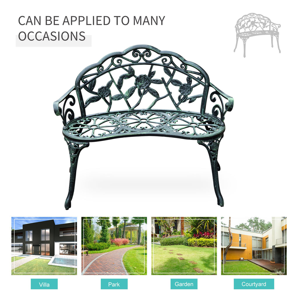 Outdoor Bench, Cast Aluminum Outdoor Furniture, Metal Bench with Floral Rose Accent & Antique Finish, Green