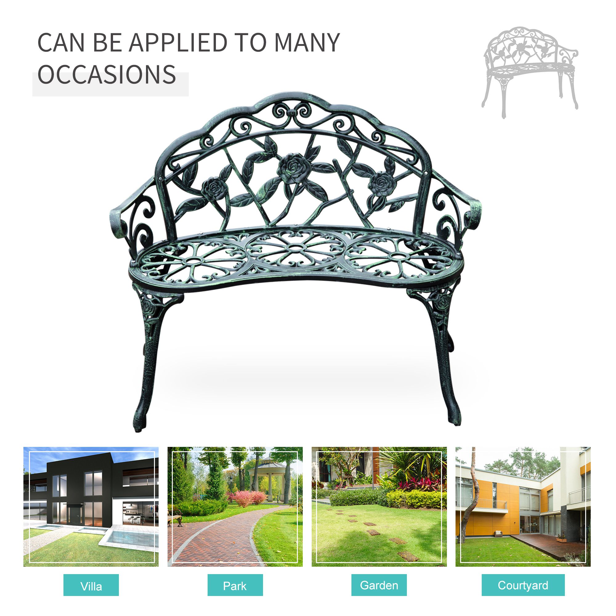 Outdoor Bench, Cast Aluminum Outdoor Furniture, Metal Bench with Floral Rose Accent & Antique Finish, Green