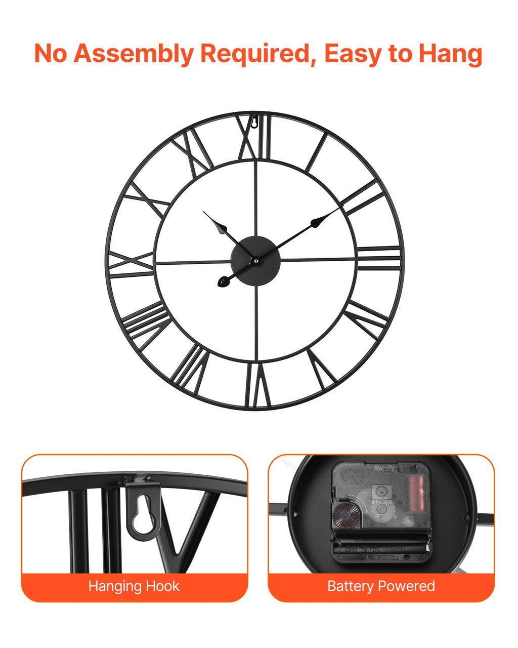 Horloge murale 24 pouces à chiffres romains, fonctionnant sur piles, silencieuse sans tic-tac, décorative ronde, Noir