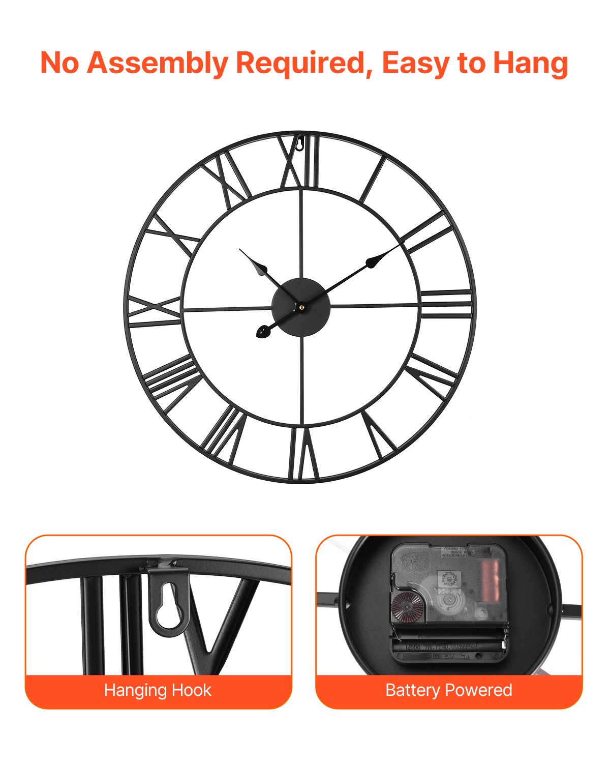 Horloge murale 24 pouces à chiffres romains, fonctionnant sur piles, silencieuse sans tic-tac, décorative ronde, Noir