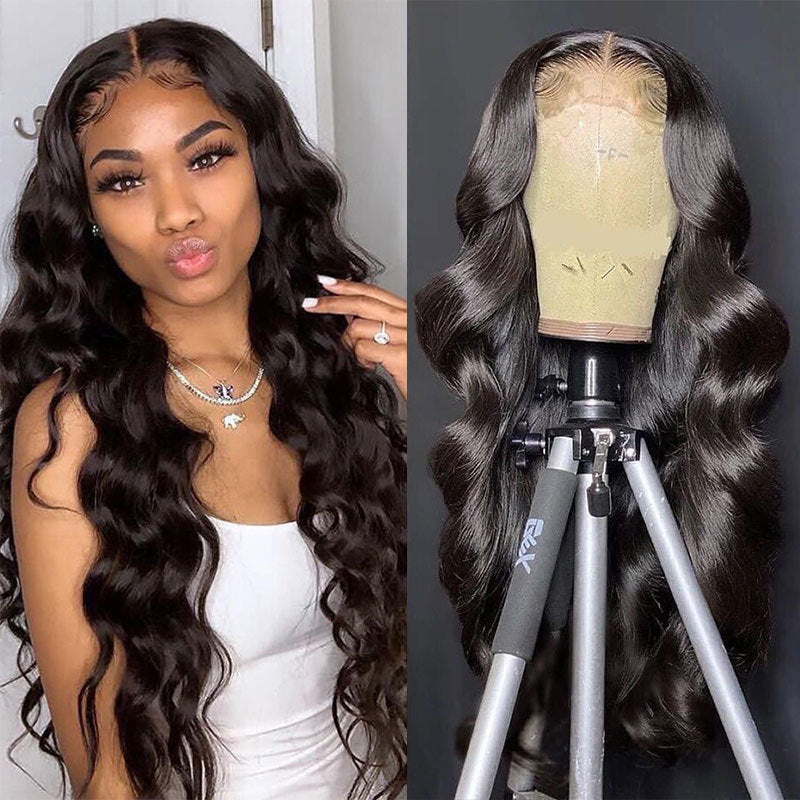 Perruque vague profonde lâche 13x4 avec bonnet en dentelle transparente en cheveux humains