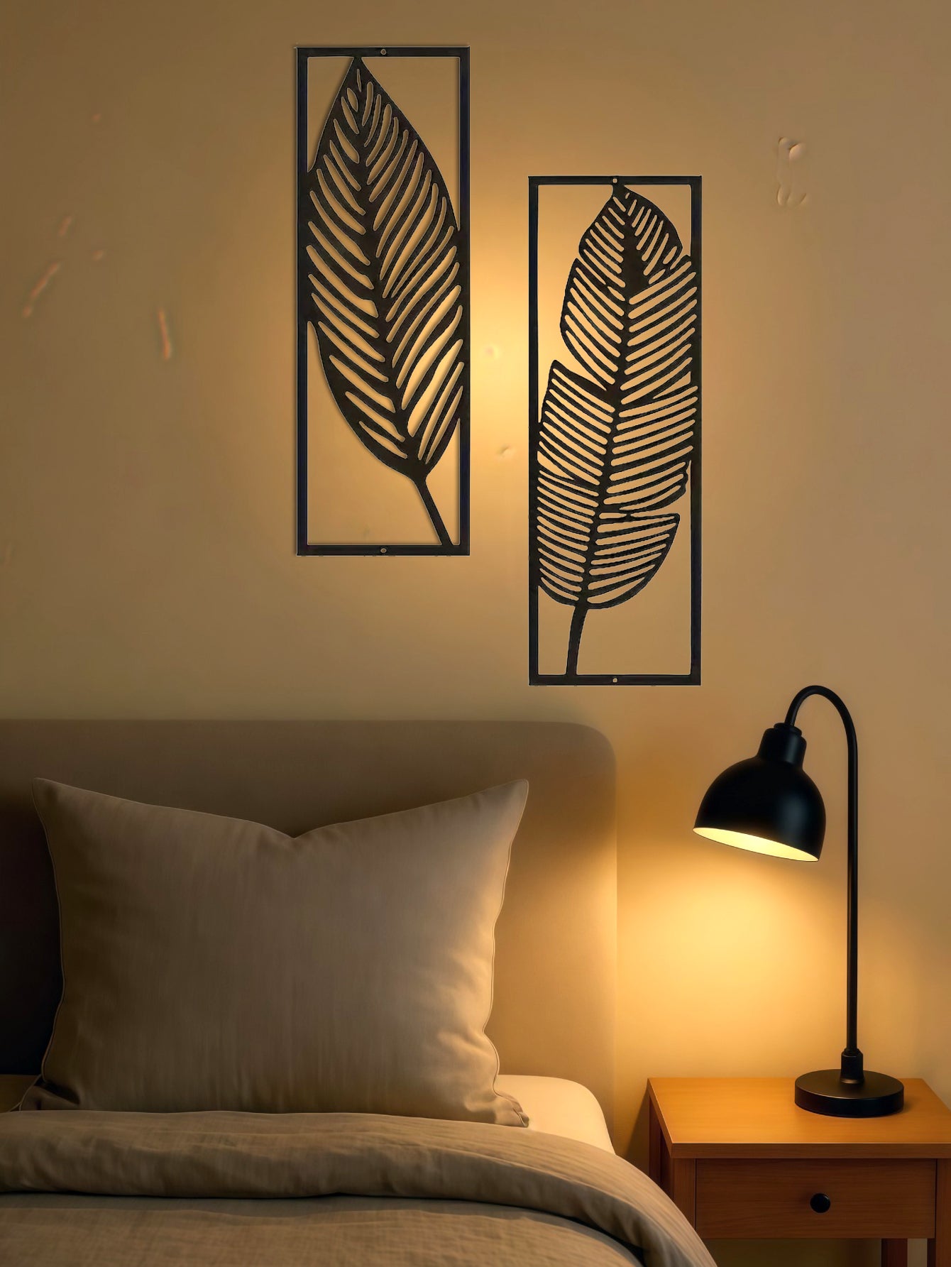 Lot de 2 décorations murales en fer à feuilles faites à la main - Décoration intérieure rustique inspirée par la nature