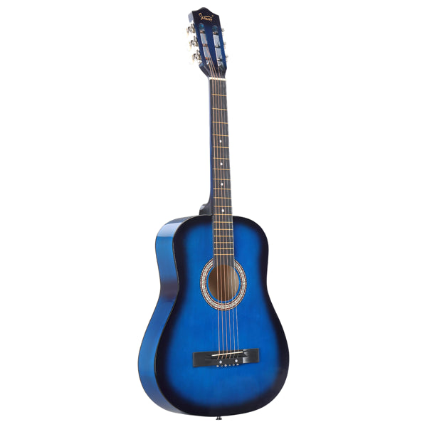 Guitare acoustique ronde bleue de 38 pouces avec médiators, cordes, capo, étui, accordeur et sangle