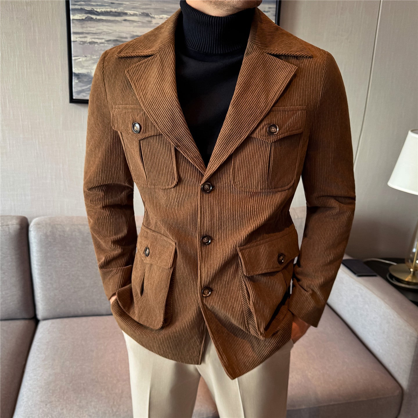 Ensemble décontracté homme mi-long en velours côtelé pour un style élégant