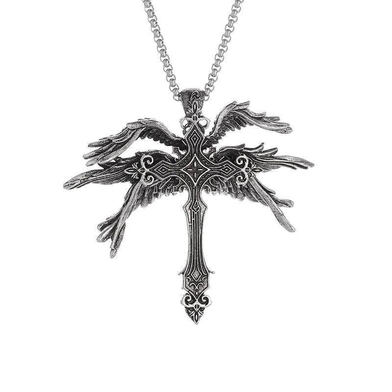 Pendentif Croix avec Ailes d'Ange Six Ailes en Argent Vintage