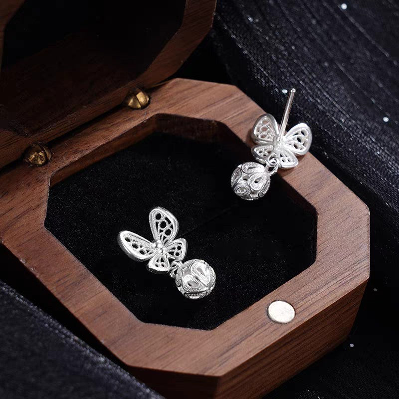 1 Paire de Boucles d'Oreilles Papillon Creuses en Filigrane Argent Sterling 999, Style Rétro Élégant, Parfaites pour Quotidien, Rendez-vous & Cadeau, Idée Cadeau Saint-Valentin