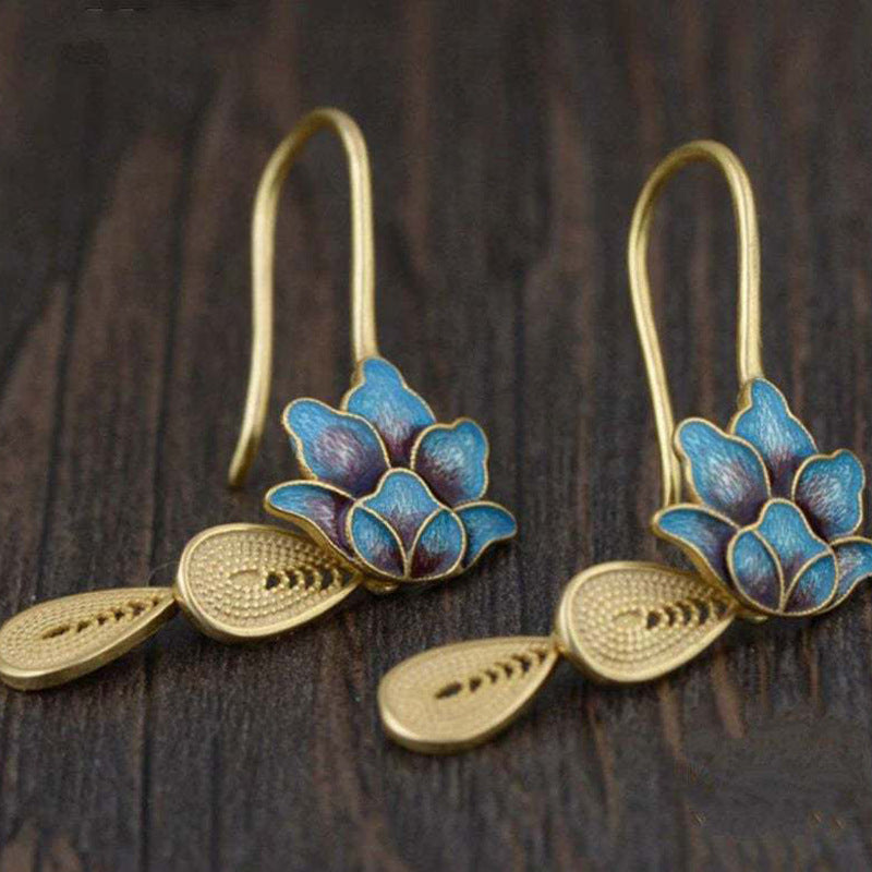 Boucles d'oreilles vintage en soie bleu brûlé avec goutte d'eau lotus élégante pour femmes