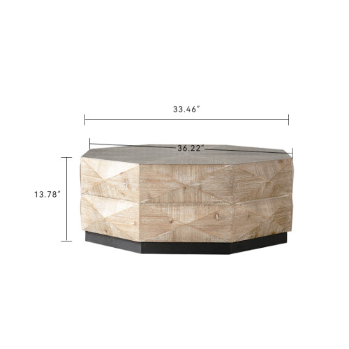 Table basse octogonale, table basse centrale rétro en bois de 96,5 cm (38 pouces) avec motif en relief tridimensionnel, table basse ronde rustique pour salon ou maison