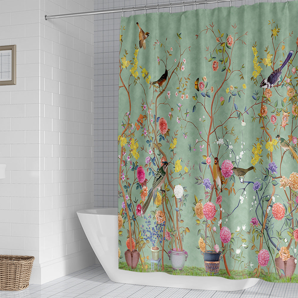 Ensemble de rideau de douche imperméable en polyester imprimé fleurs et oiseaux verts