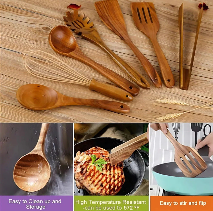 Ustensiles de cuisson en bois premium – 7 ensembles