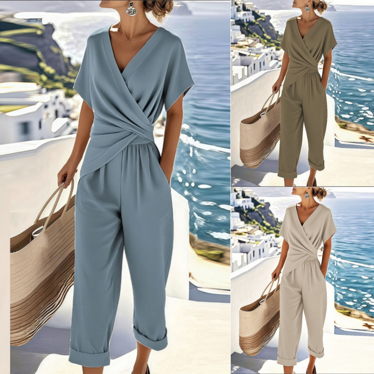 Ensemble Femme Deux Pièces Couleur Unie Mode Manche Courte Irrégulière Été